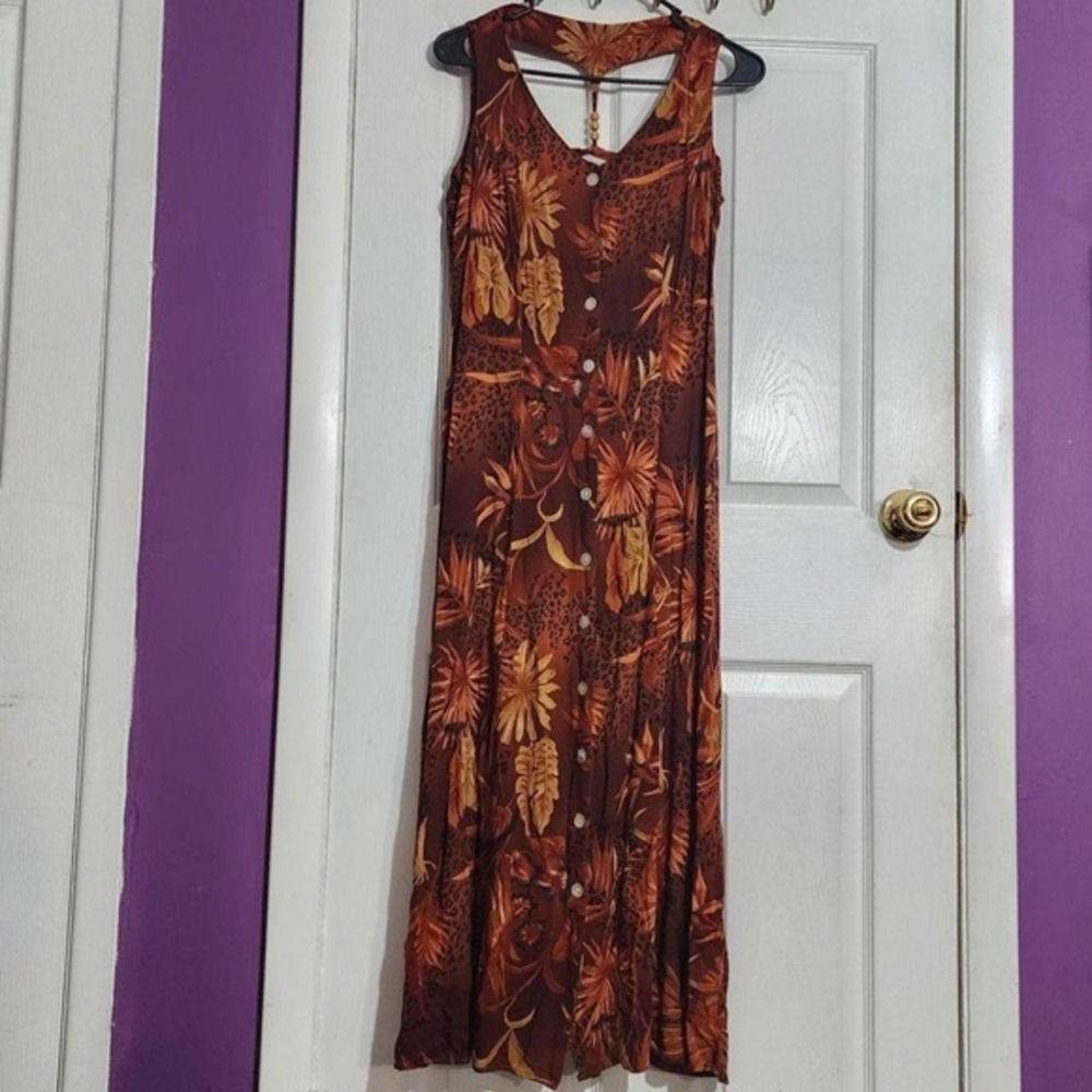 Vintage Orange Maxi 90s Tropical Dress